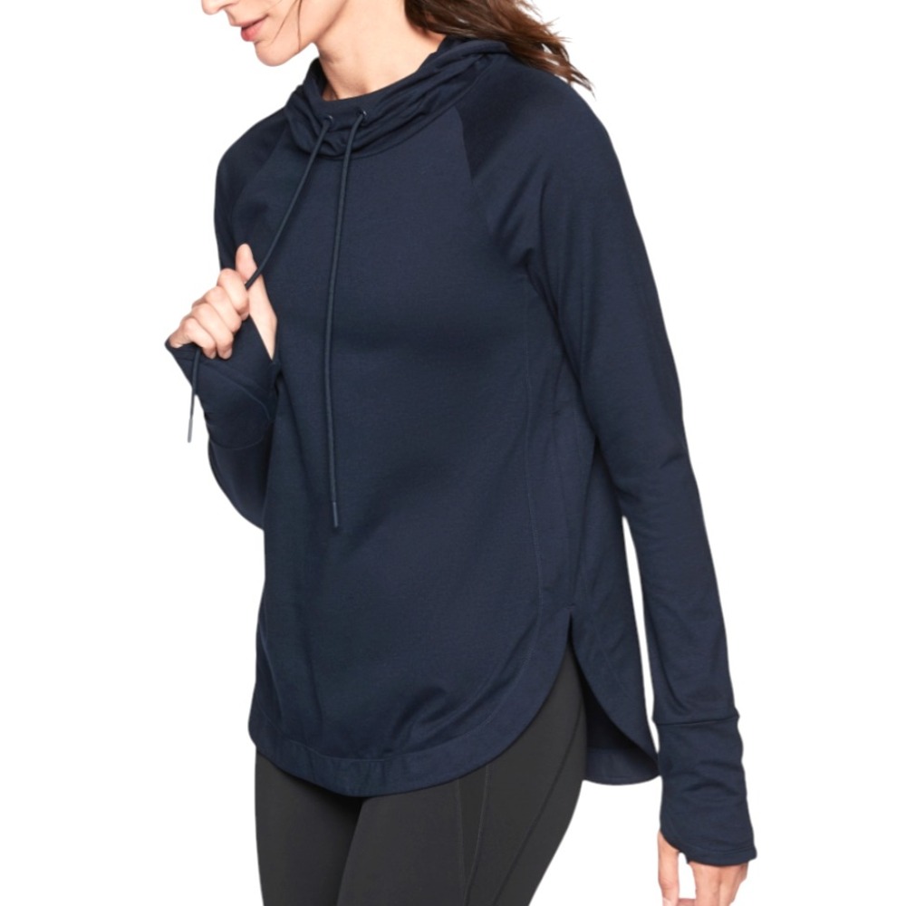 ATHLETA Navy Heather UPTEMPO HOODIE TOP Curved Hi-Low Hem THUMBHOLES Stretch S